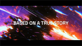An image presented in a cinematic letterbox format with black bars at the top and bottom to fit a 2.39:1 Anamorphic Scope aspect ratio. The frame has a slightly grainy, low-resolution quality similar to a leaked video. In the center, white sans-serif text reads 'BASED ON A TRUE STORY' over an abstract digital illustration of a dark, fragmented silhouette of a person shattering amidst a high-velocity data-scape. Kinetic streaks of vibrant neon purple, electric blue, and fiery orange tear across the composition, creating intense movement. The scene utilizes a glitch-art aesthetic with chromatic aberration and sharp, glowing light trails, conveying an aggressive energy and the chaotic disintegration of form within a virtual or cosmic void.