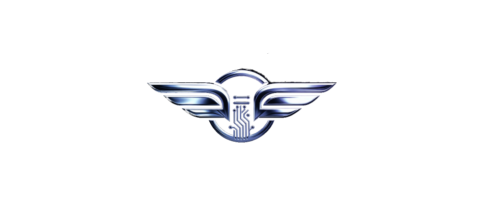 A digital logo for a pilot badge centered on a clean white background. The emblem is rendered in a polished, metallic chrome with deep blue and silver reflections. It features a central circular frame containing a vertical circuit board pattern, with stylized, aerodynamic wings extending symmetrically to the left and right. The wings are composed of layered, sharp-edged feathers that suggest high-speed flight and advanced technology, creating a sleek, futuristic aesthetic that blends traditional aviation iconography with modern digital design.
