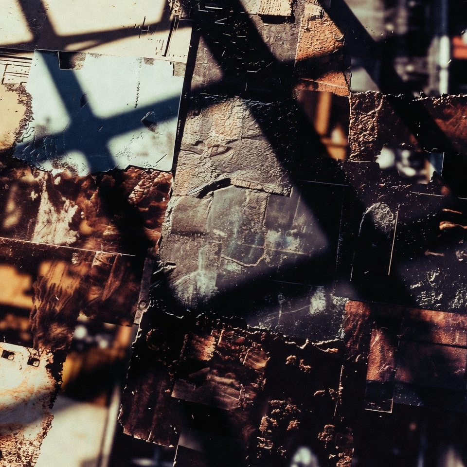 An abstract digital collage with a weathered and industrial aesthetic, featuring a dense layering of rectangular shards that resemble torn film strips, rusted metal plates, and scorched paper. The composition is dominated by earthy copper, deep brown, and charcoal tones, punctuated by a single light-blue square in the upper left that suggests a reflection or a glimpse of sky. Large, dark geometric shadows in the shape of an 