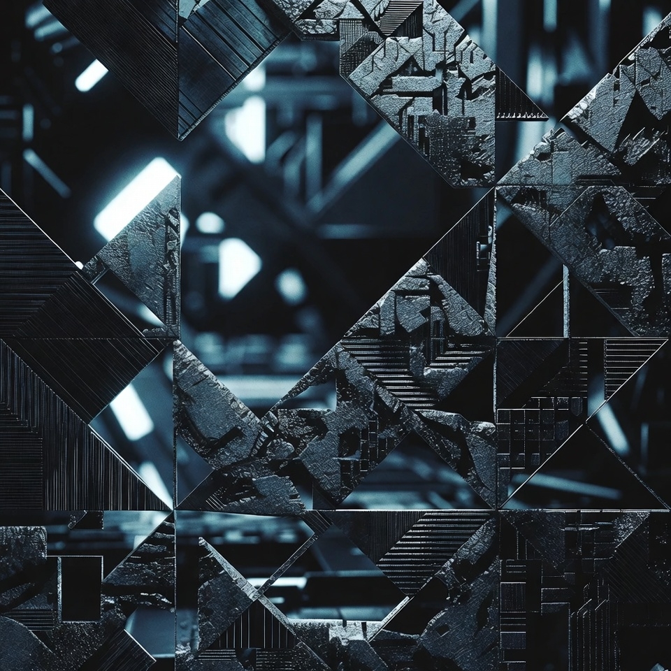 A digital pattern of interlocking triangles and geometric shards is rendered in a cold, industrial tech-noir aesthetic. The composition creates a layered, three-dimensional perspective where the viewer peeks through a foreground of sharp, dark metallic edges into a complex interior. In the background, similar geometric structures are rendered in a soft bokeh, creating a sense of vast depth and scale. The surfaces feature high-detail textures like brushed metal and micro-circuitry, while glowing cyan light-leaks filter through the gaps between the slate-blue and charcoal facets.