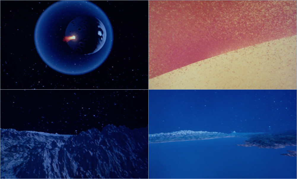 2x2 panel showing the Genesis Device’s detonation sequence via static frames from the movie Star Trek II: The Wrath of Khan. Top left: High orbit view of a device detonating on the surface of a lifeless planet, Top right: Low orbit view of surface covered in red glowing effect, Bottom left: Aerial view of the surface as mountains form, Bottom right: An aerial view of surface with forests and lakes.