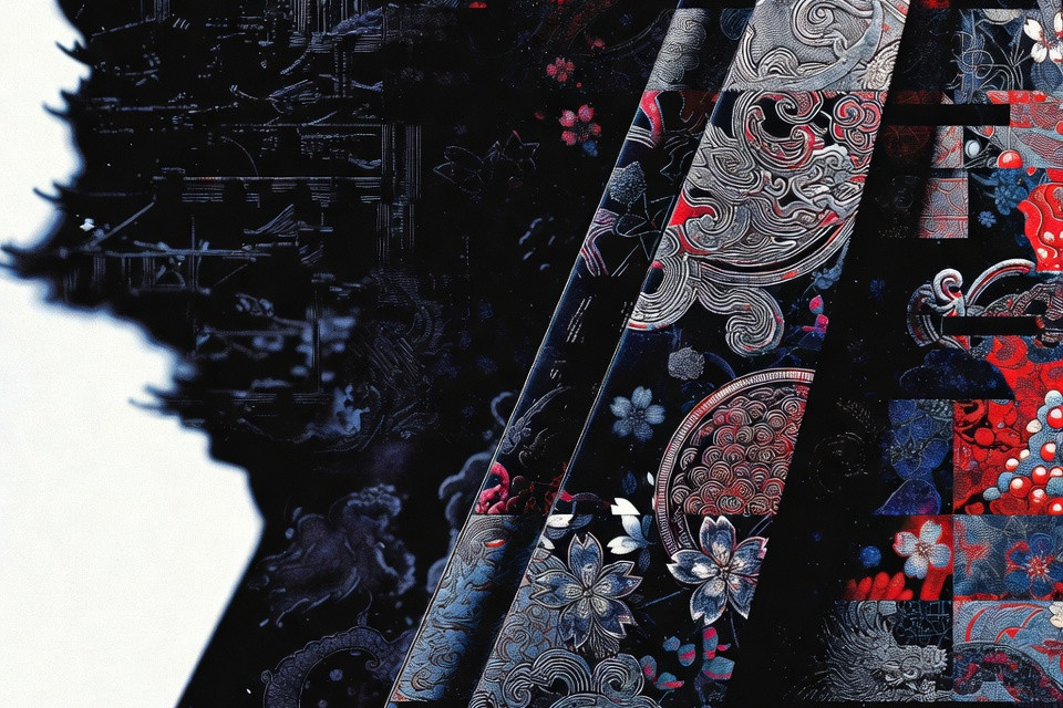 An intricate digital collage that blends traditional Japanese aesthetics with a modern glitch-art style. The composition is divided by sharp, diagonal bands featuring ornate floral patterns, cherry blossoms, and flowing wind or wave motifs in shades of muted blue, silver, and vibrant red. To the left, a dark, silhouetted form—reminiscent of a jagged mountain or architectural structure—is set against a stark, glowing white background. The right side of the frame contains layered, fragmented sections of detailed illustrations, including clouds and traditional patterns, creating a dense and textured mosaic that feels both ancient and digital.