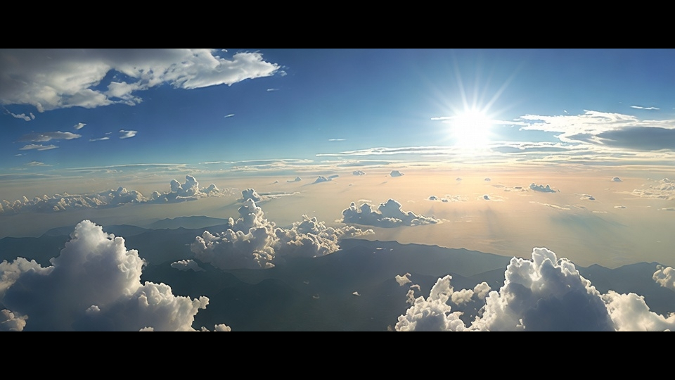 An image presented in a cinematic letterbox format with black bars at the top and bottom to fit a 2.39:1 Anamorphic Scope aspect ratio within a 16:9 frame. The shot features a high-altitude, wide-angle perspective looking down over a vast landscape of rolling mountains and a distant coastline under a brilliant sun. Large, fluffy white cumulus clouds catch the bright sunlight, casting soft shadows over the earth below, while smaller cloud formations drift across the mid-ground. The sky transitions from a deep, clear blue at the top to a hazy, golden horizon where the sun's rays streak through the atmosphere, creating a serene and expansive sense of scale and light.